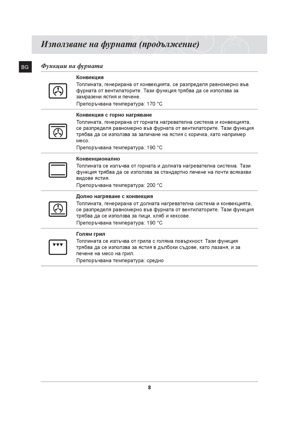 Samsung BF641FST/BOL manual Използване на фурната продължение, Функции на фурната 