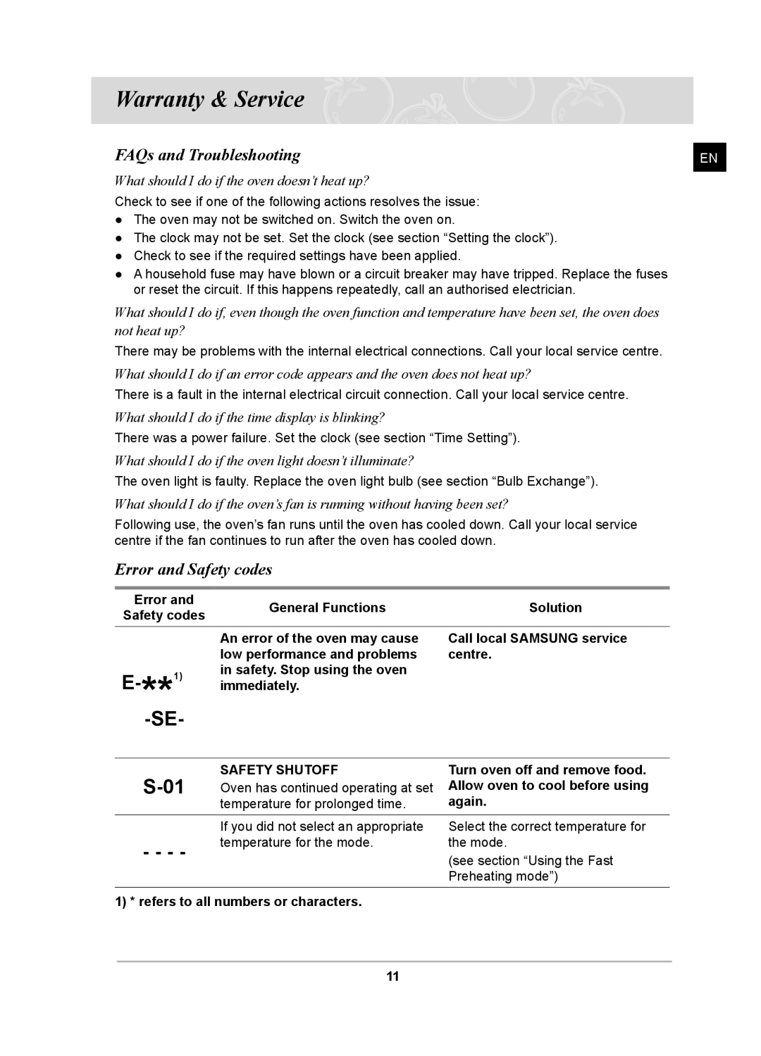 Samsung BF641FGB/XEH Warranty & Service, FAQs and Troubleshooting, Error and Safety codes, Turn oven off and remove food 