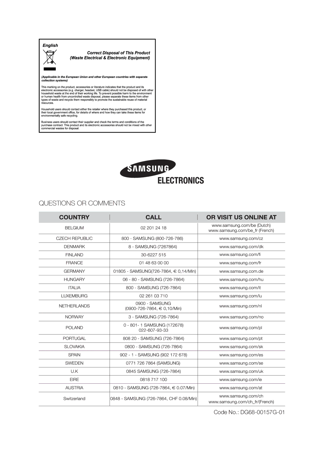 Samsung BF641FSTP/XEH, BF641FSTP/XFA, BF641FST/BOL, PKG009/BOL, PKG008/BOL, BF641FGBP2/BOL, PKG001/BOL Code No. DG68-00157G-01 