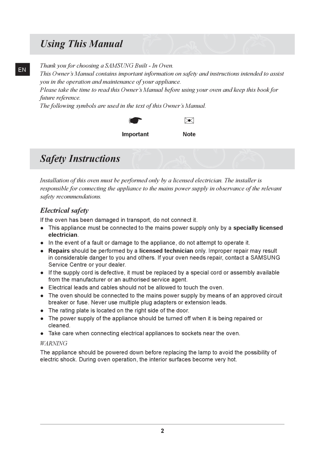 Samsung PKG009/BOL, BF641FSTP/XFA, BF641FST/BOL Using This Manual, Safety Instructions, Electrical safety, ImportantNote 