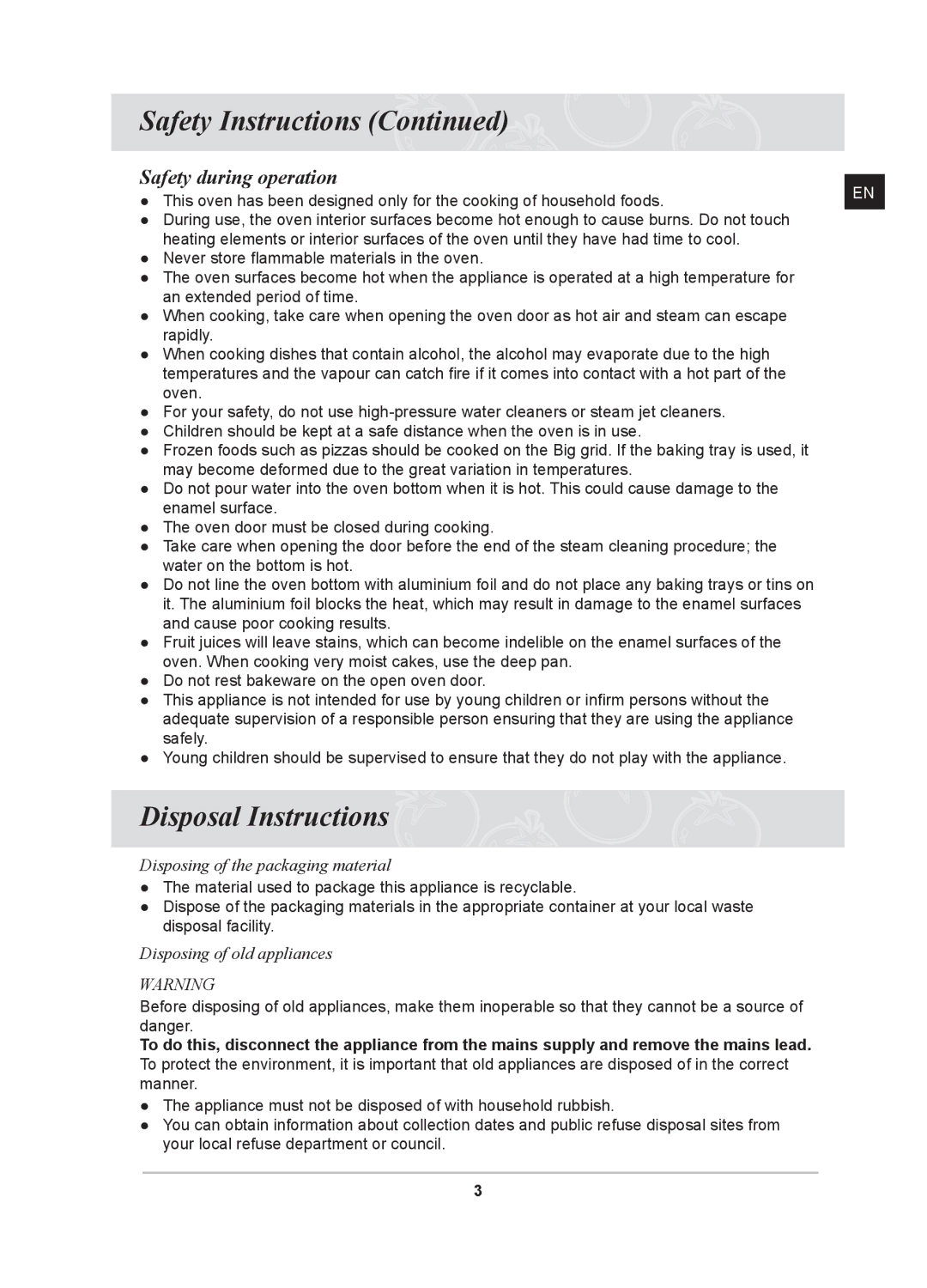 Samsung PKG008/BOL, BF641FSTP/XFA, BF641FST/BOL, PKG009/BOL, BF641FGBP2/BOL Disposal Instructions, Safety during operation 