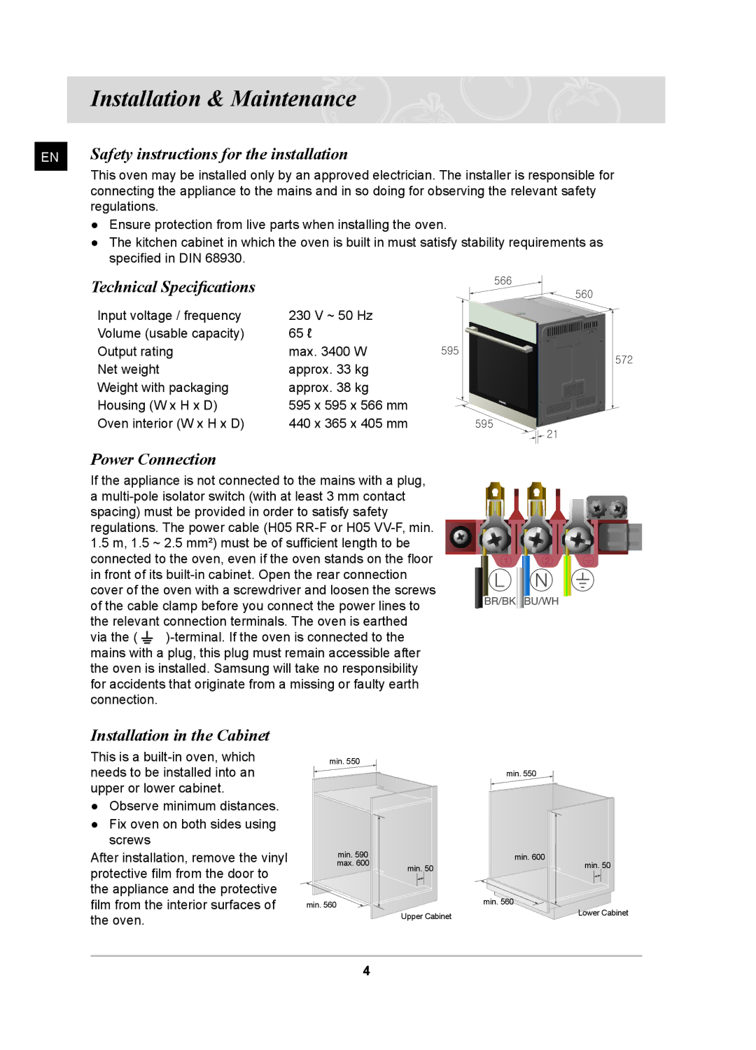 Samsung BF641FGBP2/BOL Installation & Maintenance, Safety instructions for the installation, Technical Specifications 