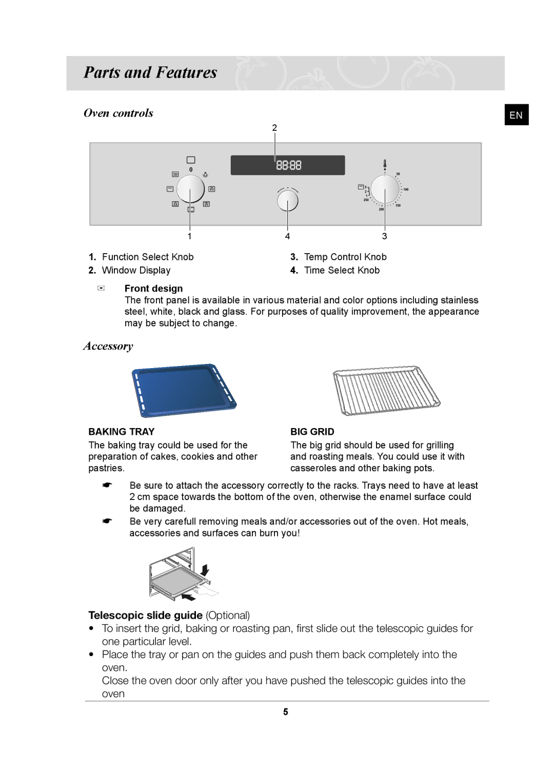 Samsung BF641FGB/BOL, BF641FSTP/XFA, BF641FST/BOL, PKG009/BOL, PKG008/BOL manual Parts and Features, Oven controls, Accessory 