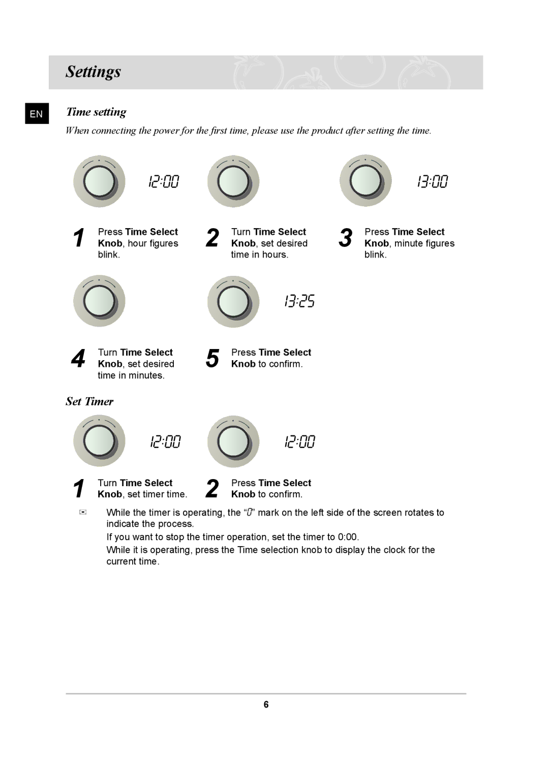 Samsung BF641FSTP/BOL, BF641FSTP/XFA, BF641FST/BOL Settings, Time setting, Set Timer, Turn Time Select Press Time Select 