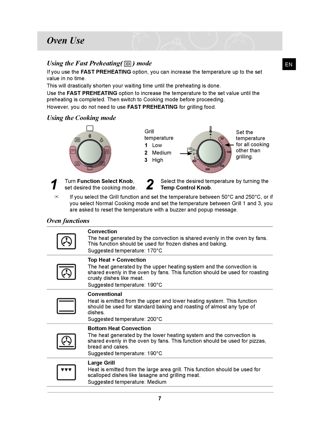 Samsung BF641FSTP2/BOL, BF641FSTP/XFA Oven Use, Using the Fast Preheating mode, Using the Cooking mode, Oven functions 