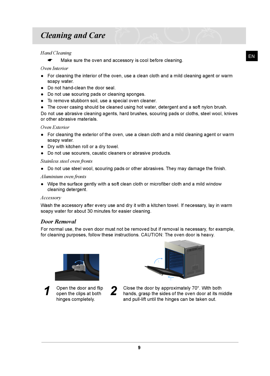 Samsung PKG001/BOL, BF641FSTP/XFA, BF641FST/BOL, PKG009/BOL, PKG008/BOL, BF641FGBP2/BOL manual Cleaning and Care, Door Removal 