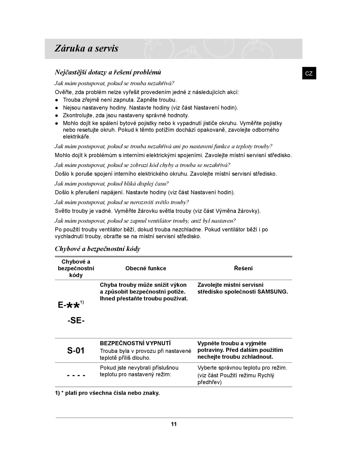 Samsung BF641FST/XEH manual Záruka a servis, Chybové a bezpečnostní kódy 