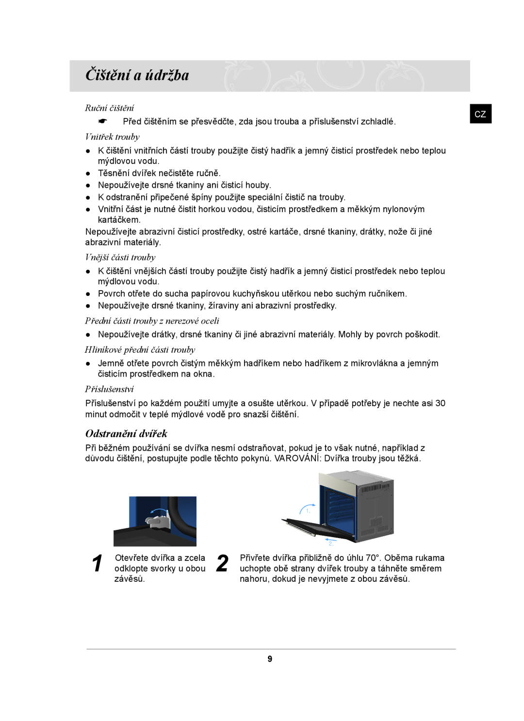 Samsung BF641FST/XEH manual Čištění a údržba, Odstranění dvířek 