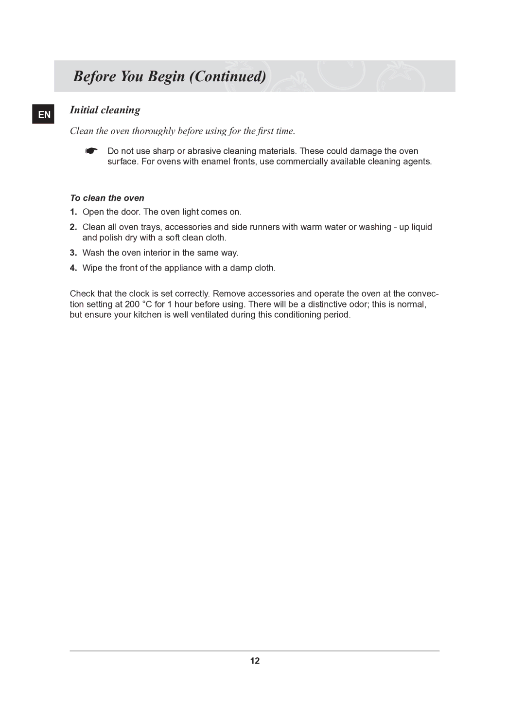 Samsung BF64CBST/SLI manual Initial cleaning, To clean the oven 