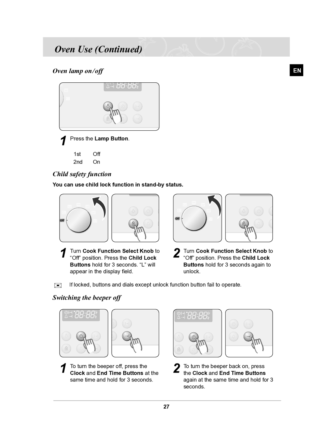 Samsung BF64CBST/SLI manual Oven lamp on/off, Child safety function, Switching the beeper off 