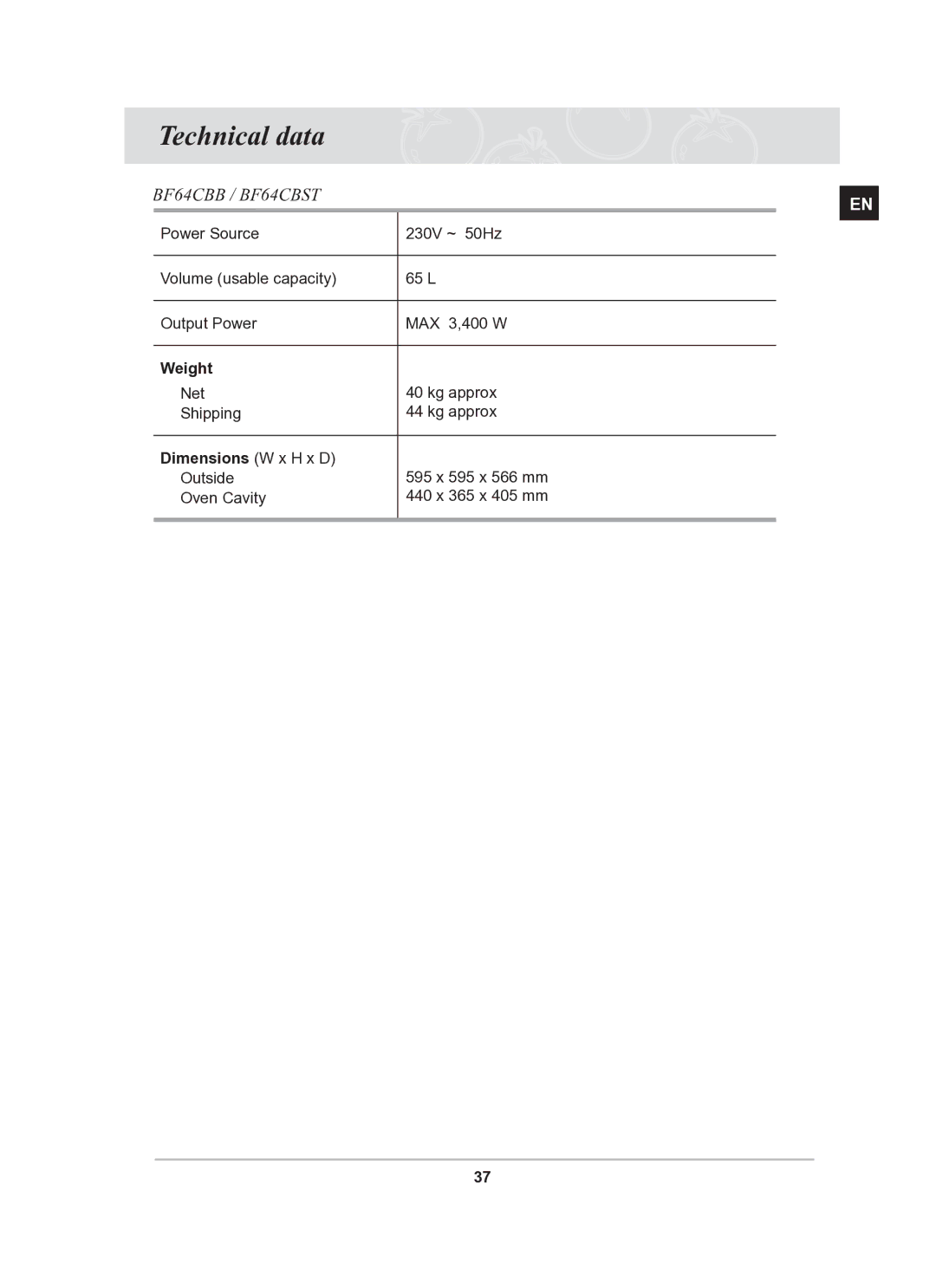 Samsung BF64CBST/SLI manual Technical data, Weight, Dimensions W x H x D 