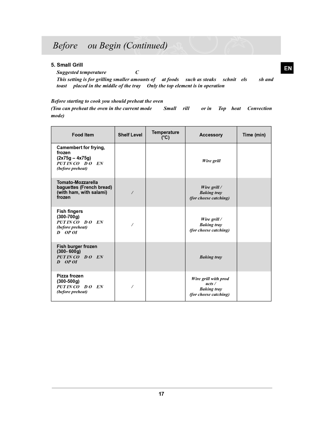 Samsung BF64CBST/XEH manual Small Grill Suggested temperature 240 C 