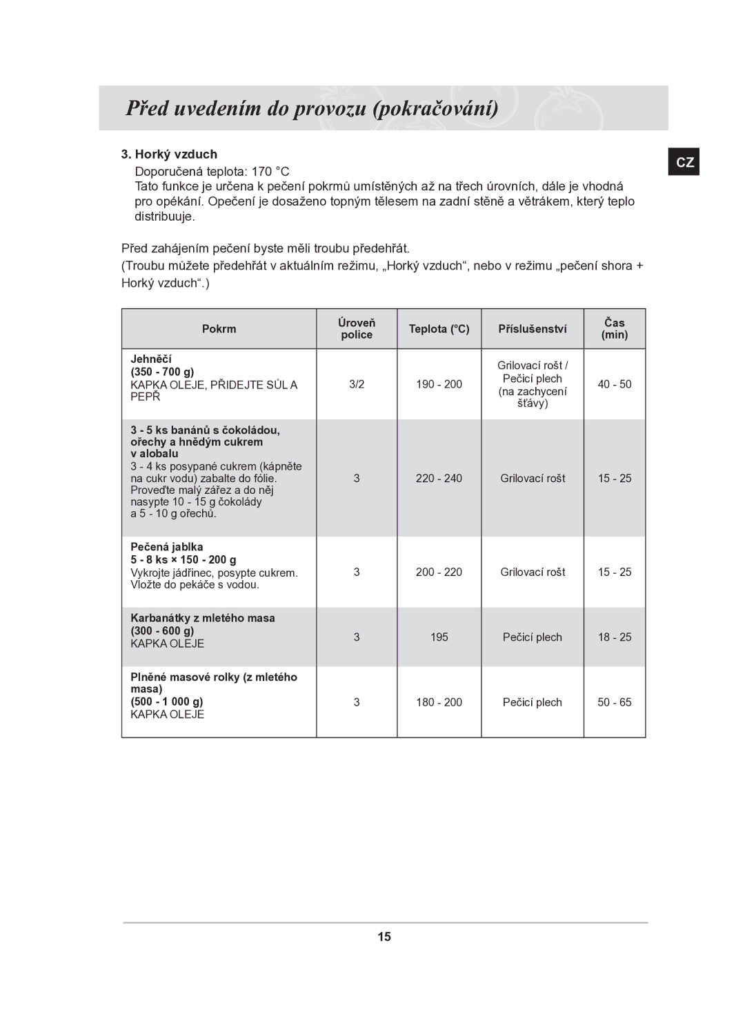 Samsung BF64CBST/XEH manual Horký vzduch, Ks banánů s čokoládou Ořechy a hnědým cukrem Alobalu 