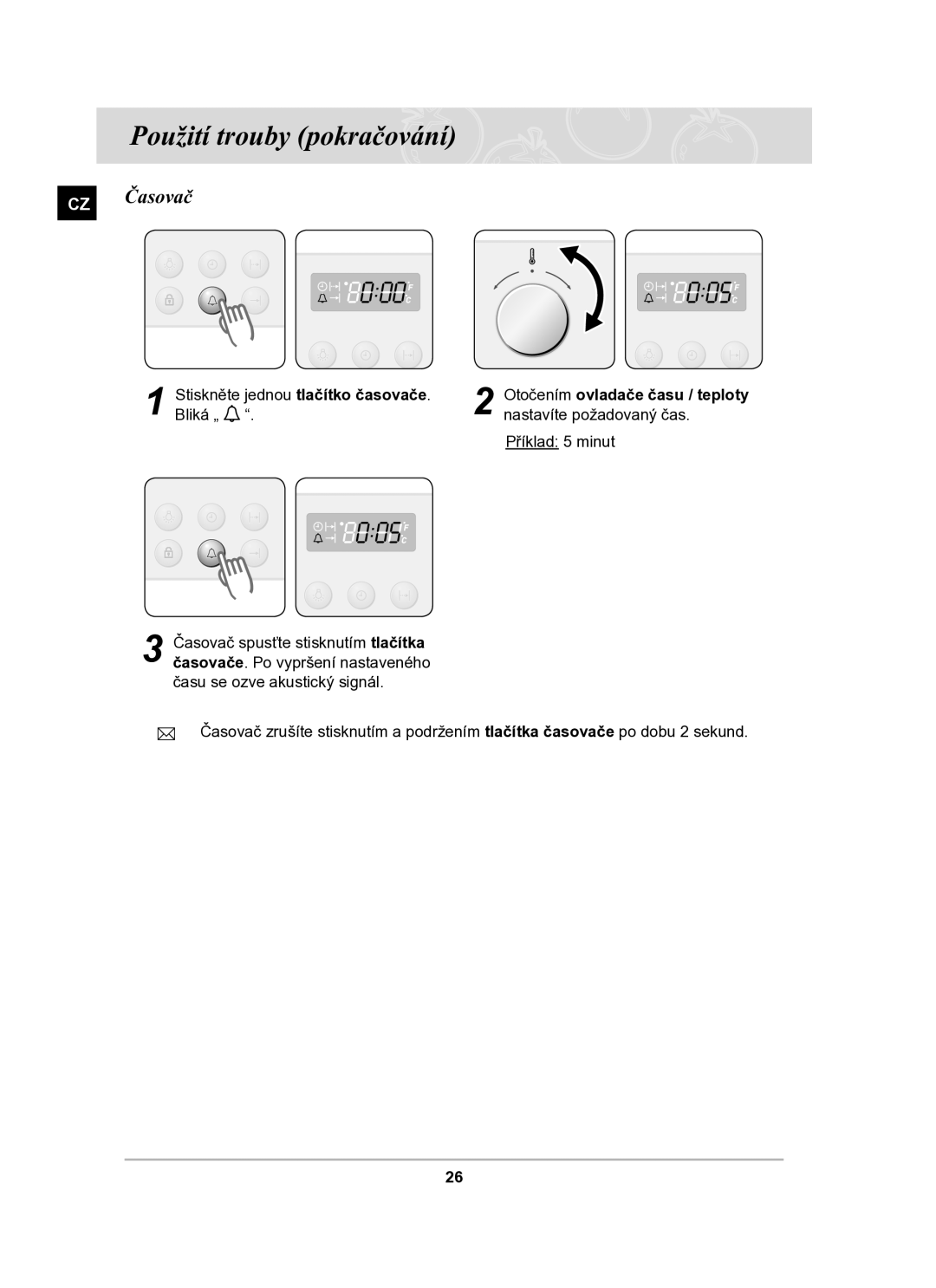 Samsung BF64CBST/XEH manual CZ Časovač, Bliká „ Nastavíte požadovaný čas Příklad 5 minut 