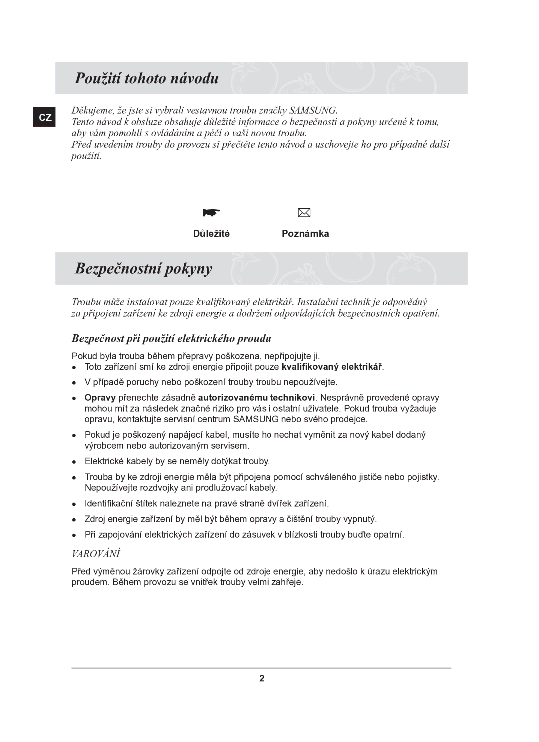 Samsung BF64CBST/XEH manual Použití tohoto návodu, Bezpečnostní pokyny, Bezpečnost při použití elektrického proudu 