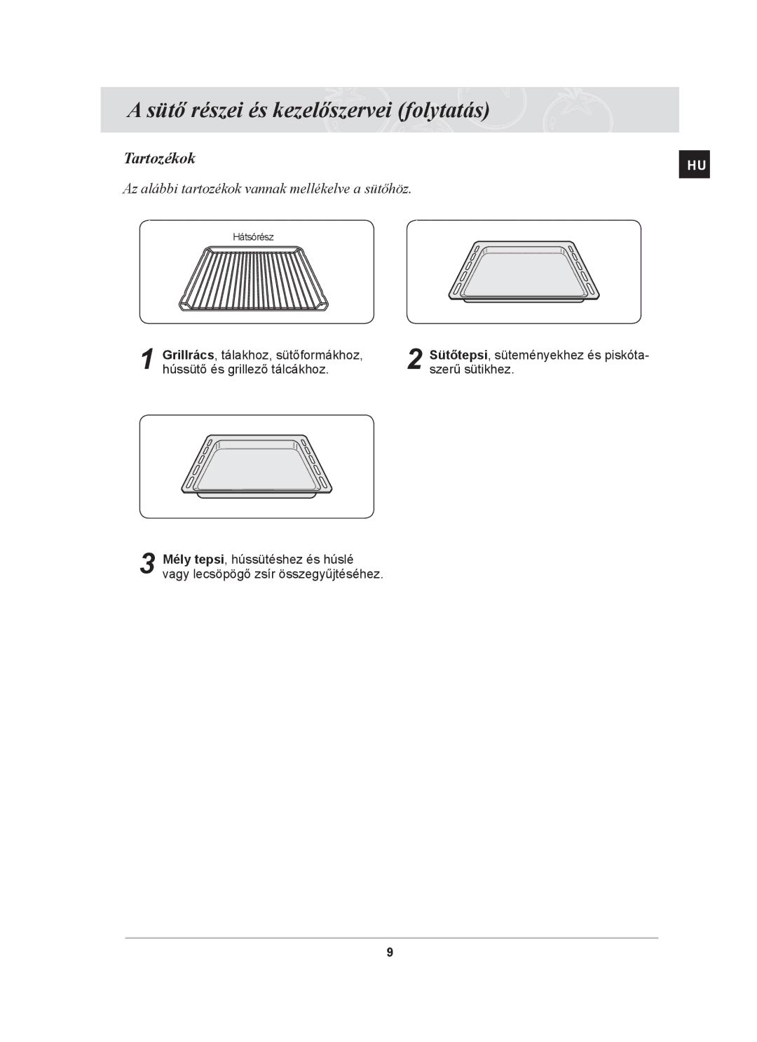 Samsung BF64CBST/XEH manual Tartozékok, Az alábbi tartozékok vannak mellékelve a sütőhöz 