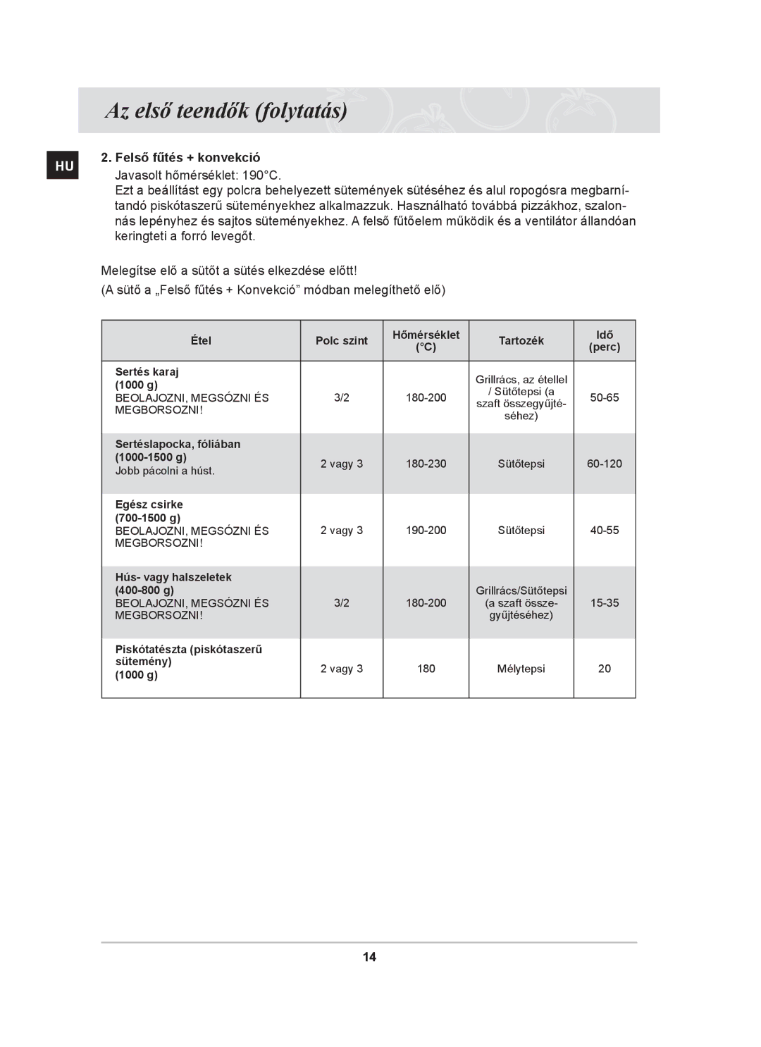 Samsung BF64CBST/XEH manual Felső fűtés + konvekció 