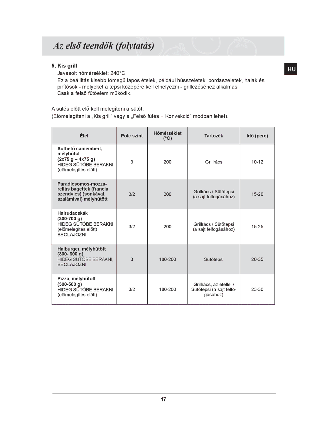 Samsung BF64CBST/XEH manual Kis grill Javasolt hőmérséklet 240C, Szalámival mélyhűtött Halrudacskák 300-700 g 