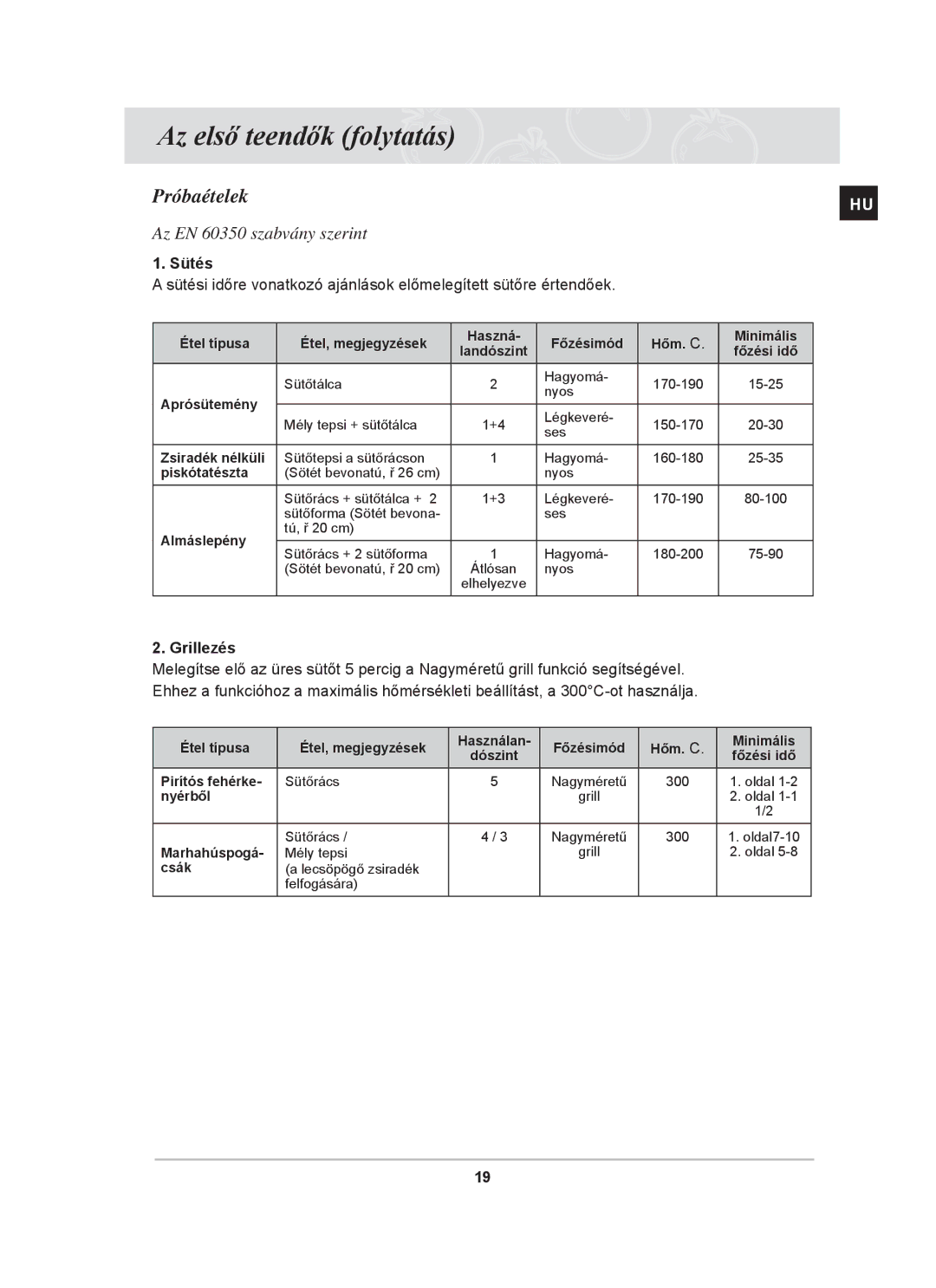 Samsung BF64CBST/XEH manual Próbaételek, Az EN 60350 szabvány szerint, Sütés, Grillezés 