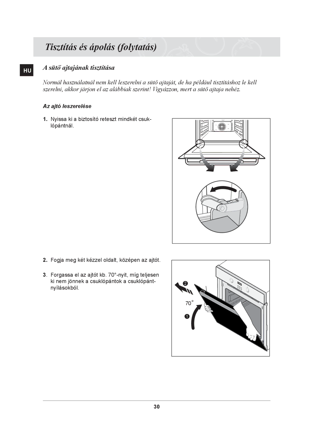 Samsung BF64CBST/XEH manual Sütő ajtajának tisztítása, Az ajtó leszerelése 