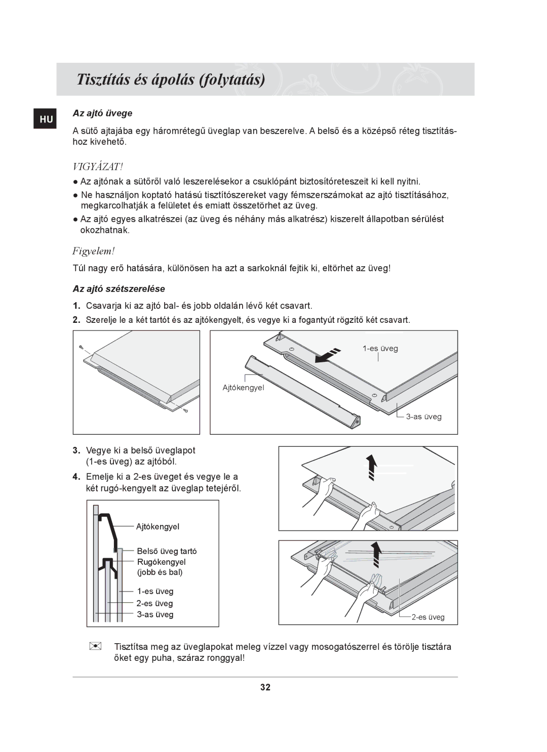 Samsung BF64CBST/XEH manual Figyelem, Az ajtó üvege, Hoz kivehető, Az ajtó szétszerelése 