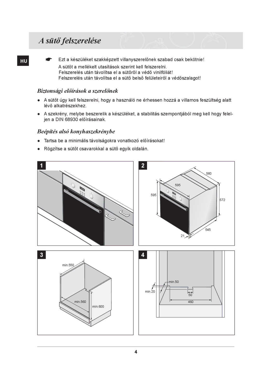 Samsung BF64CBST/XEH manual Sütő felszerelése, Biztonsági előírások a szerelőnek, Beépítés alsó konyhaszekrénybe 