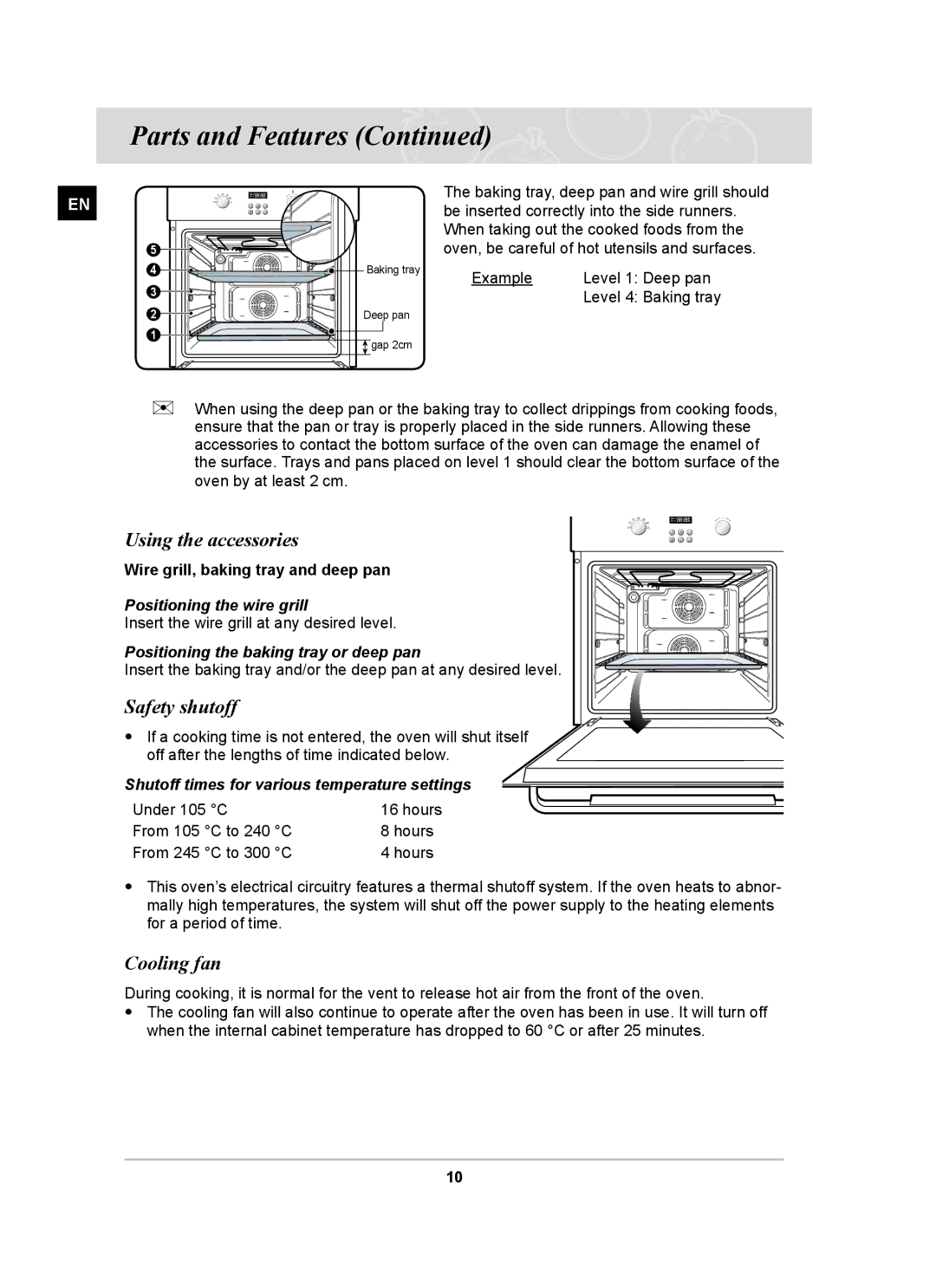 Samsung BF64CCBB, BF64CCBST owner manual Using the accessories, Safety shutoff, Cooling fan 