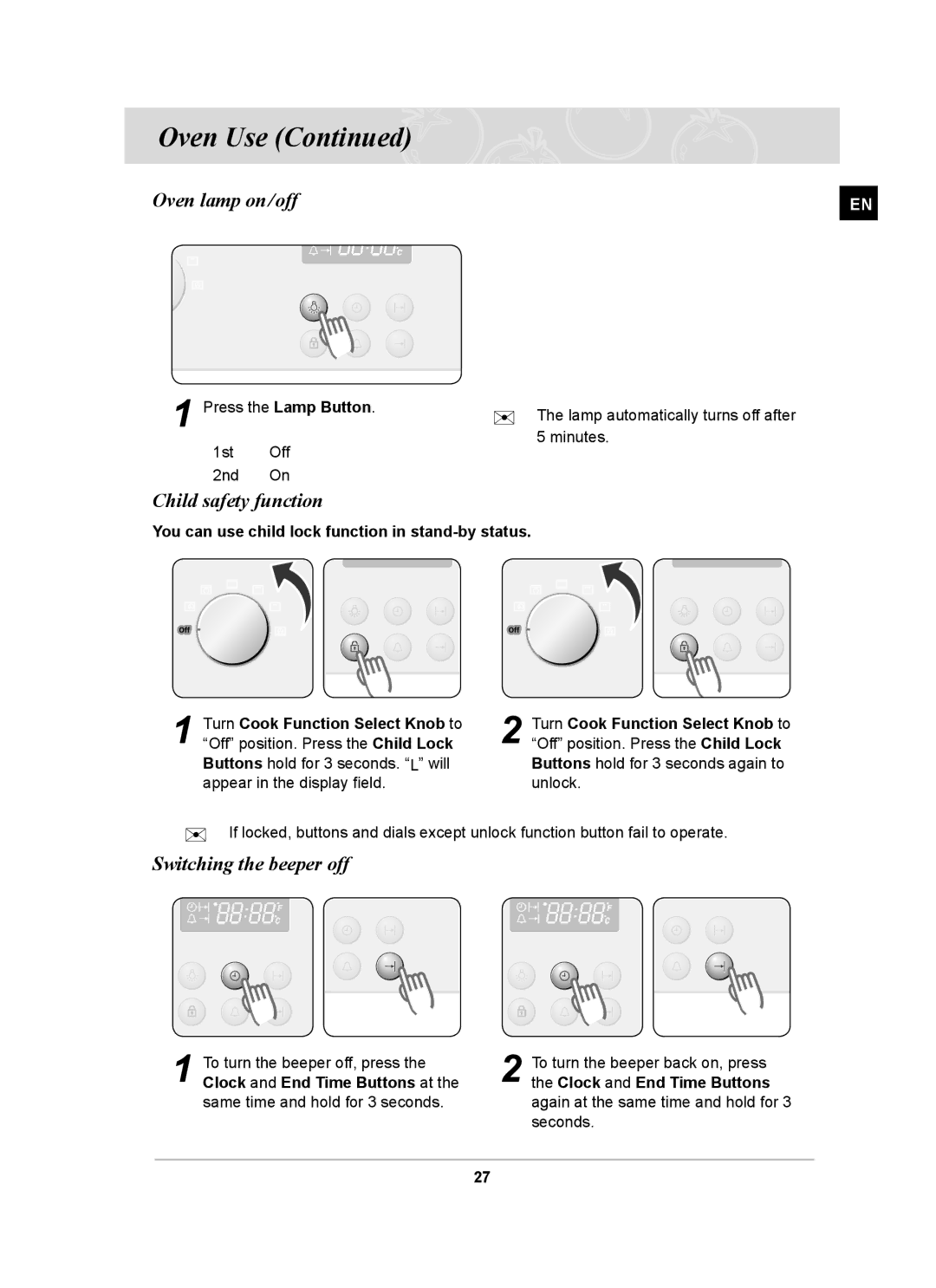 Samsung BF64CCBST, BF64CCBB owner manual Oven lamp on/off, Child safety function, Switching the beeper off 