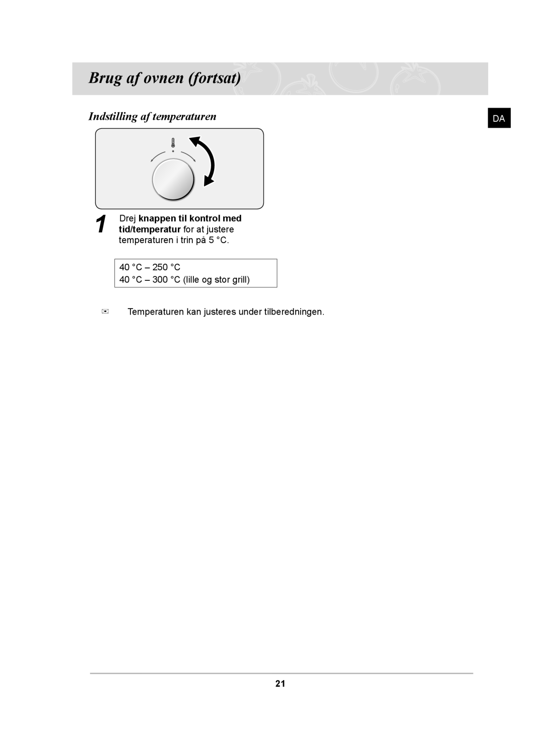 Samsung BF64CCBST/XSA, BF64CCBST/XEE, BF64CCBB/XEE manual Brug af ovnen fortsat, Indstilling af temperaturen 