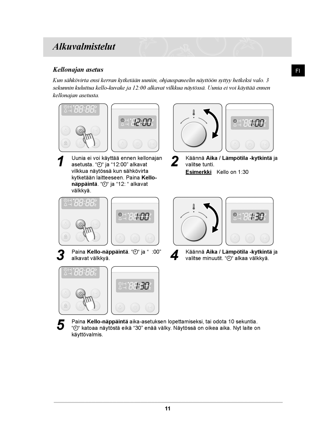 Samsung BF64CCBB/XEE, BF64CCBST/XEE, BF64CCBST/XSA manual Alkuvalmistelut, Kellonajan asetus 