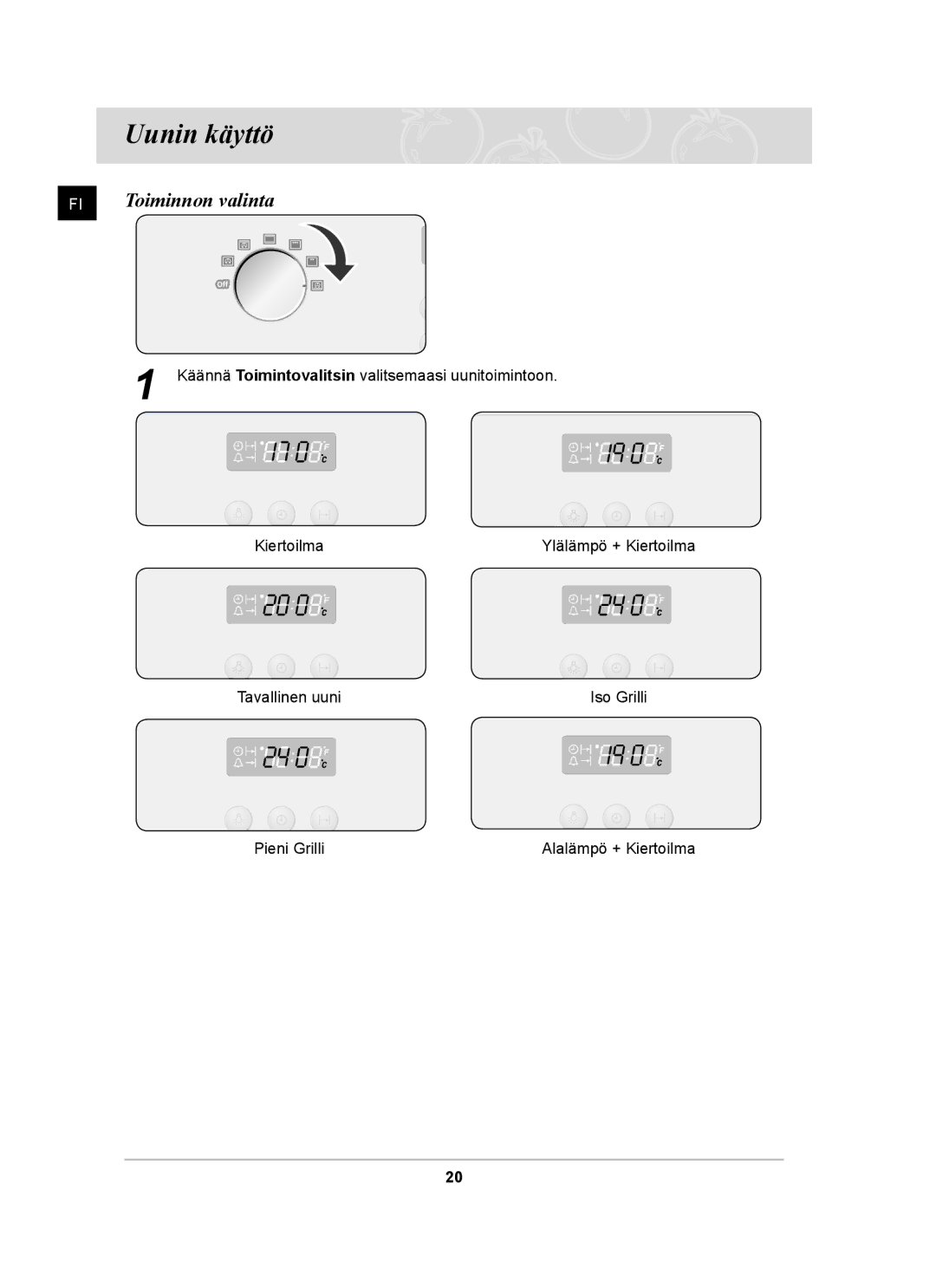 Samsung BF64CCBB/XEE, BF64CCBST/XEE, BF64CCBST/XSA manual Uunin käyttö, Toiminnon valinta 