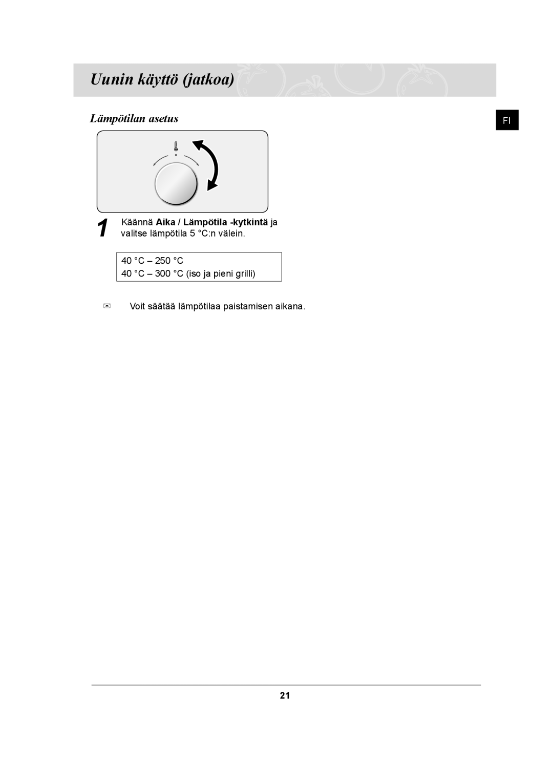 Samsung BF64CCBST/XSA, BF64CCBST/XEE, BF64CCBB/XEE manual Uunin käyttö jatkoa, Lämpötilan asetus 