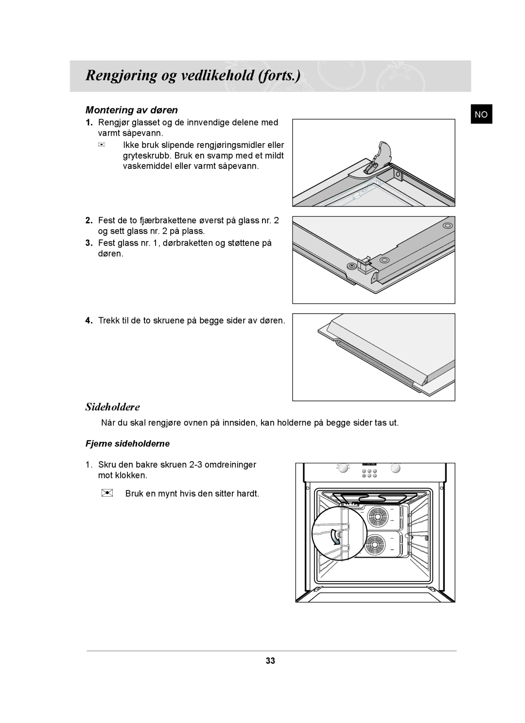 Samsung BF64CCBST/XSA, BF64CCBST/XEE, BF64CCBB/XEE manual Sideholdere, Montering av døren 