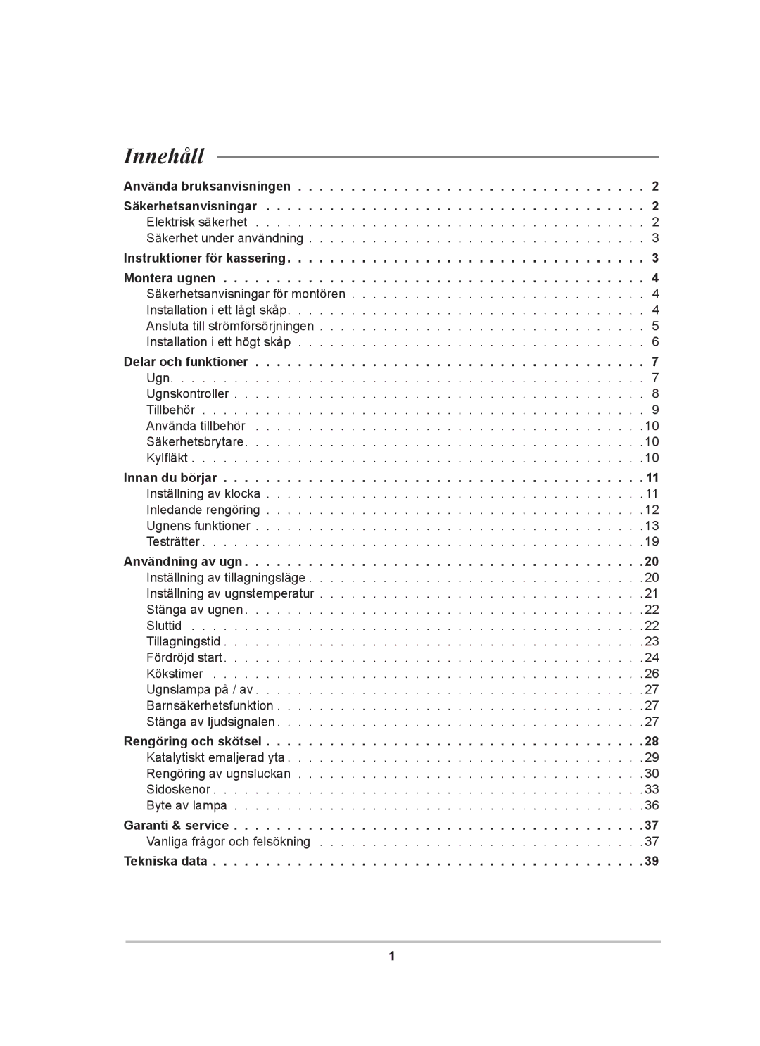 Samsung BF64CCBST/XEE, BF64CCBB/XEE, BF64CCBST/XSA manual Innehåll, Tekniska data 