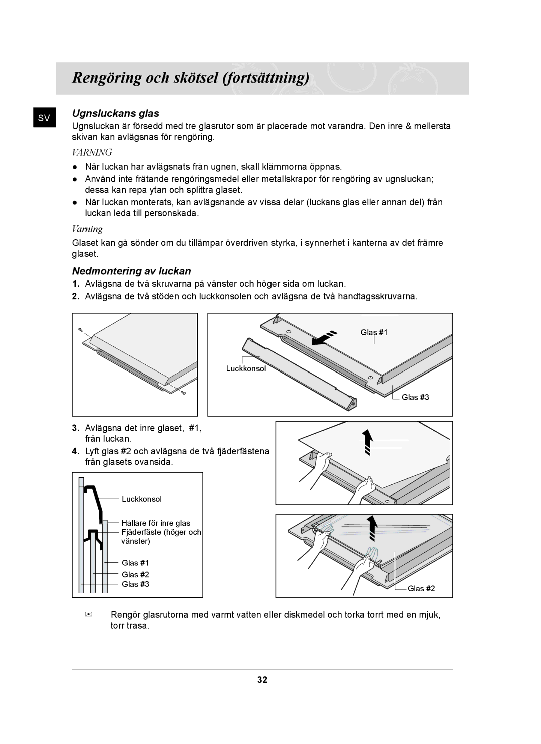 Samsung BF64CCBB/XEE, BF64CCBST/XEE, BF64CCBST/XSA manual Ugnsluckans glas, Nedmontering av luckan 