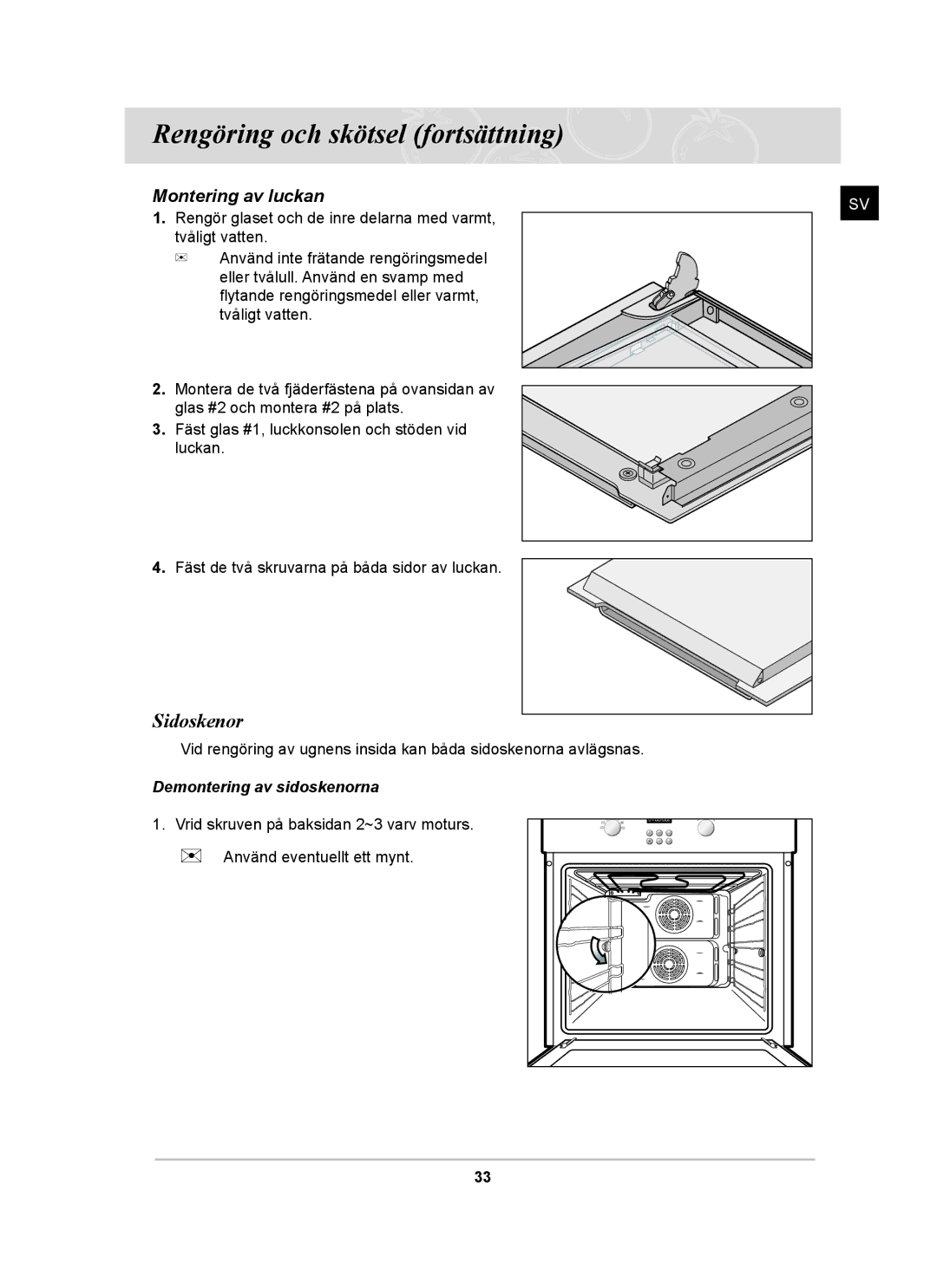 Samsung BF64CCBST/XSA, BF64CCBST/XEE, BF64CCBB/XEE manual Sidoskenor, Montering av luckan 