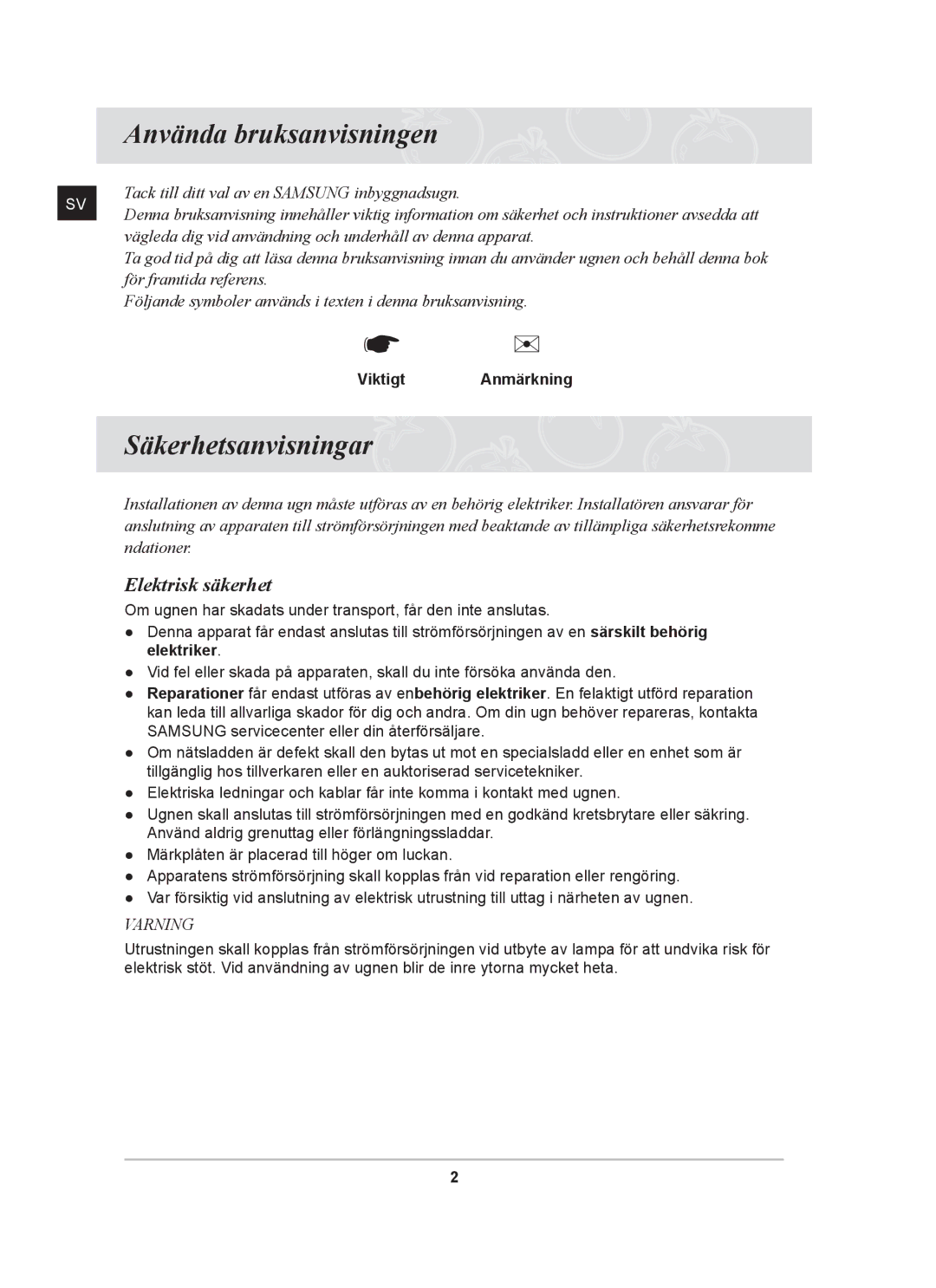 Samsung BF64CCBB/XEE, BF64CCBST/XEE Använda bruksanvisningen, Säkerhetsanvisningar, Elektrisk säkerhet, Viktigt Anmärkning 