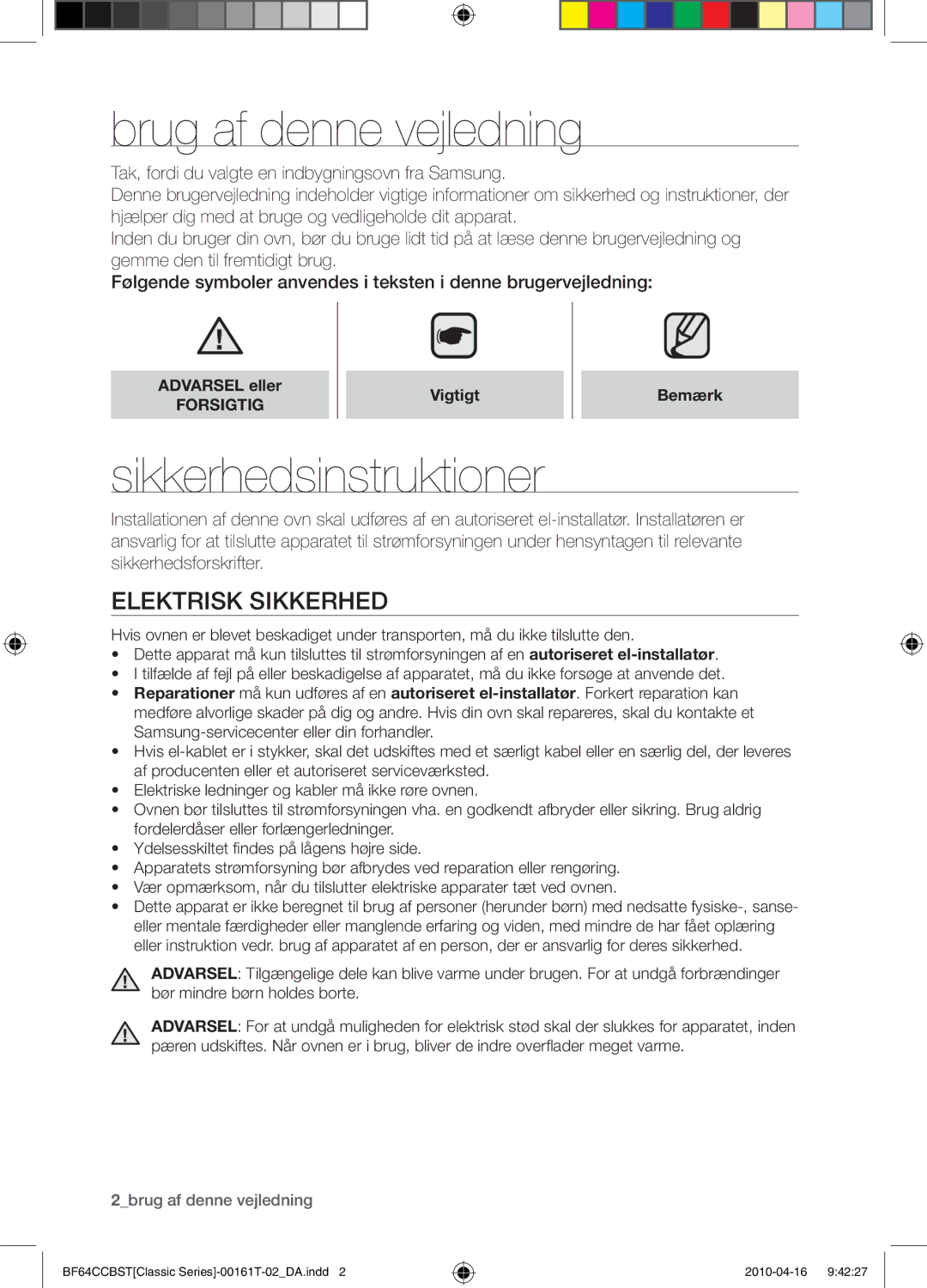 Samsung BF64CCBW/XEE manual Brug af denne vejledning, Sikkerhedsinstruktioner, Elektrisk sikkerhed, Vigtigt Bemærk 