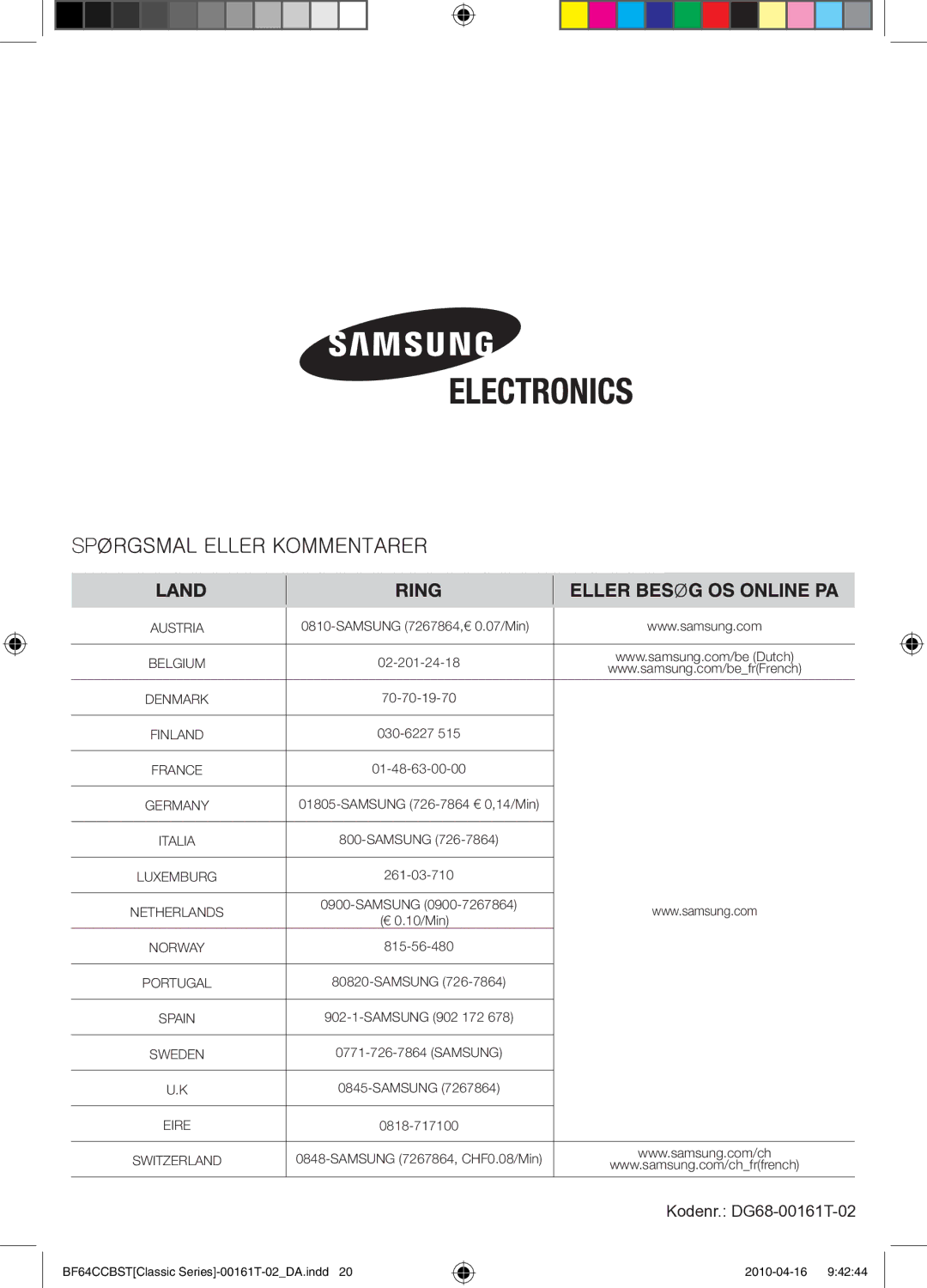 Samsung BF64CCBW/XEE manual Kodenr. DG68-00161T-02 