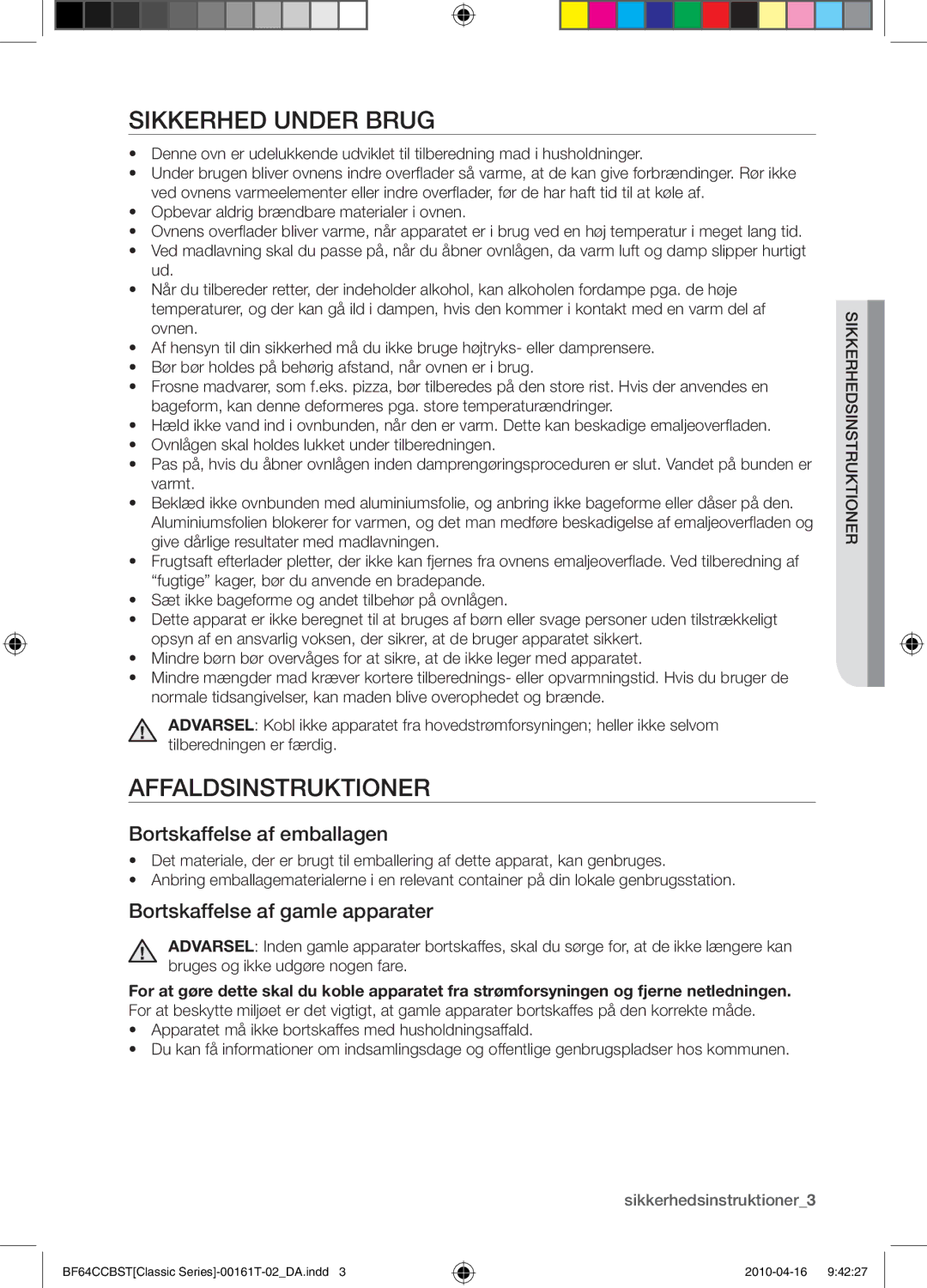 Samsung BF64CCBW/XEE manual Sikkerhed under brug, Affaldsinstruktioner, Bortskaffelse af emballagen 