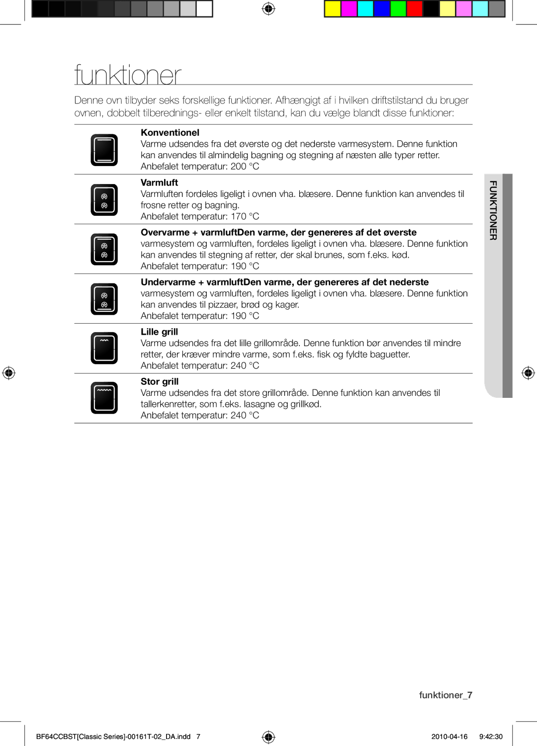 Samsung BF64CCBW/XEE manual Funktioner, Konventionel, Varmluft, Lille grill, Stor grill 
