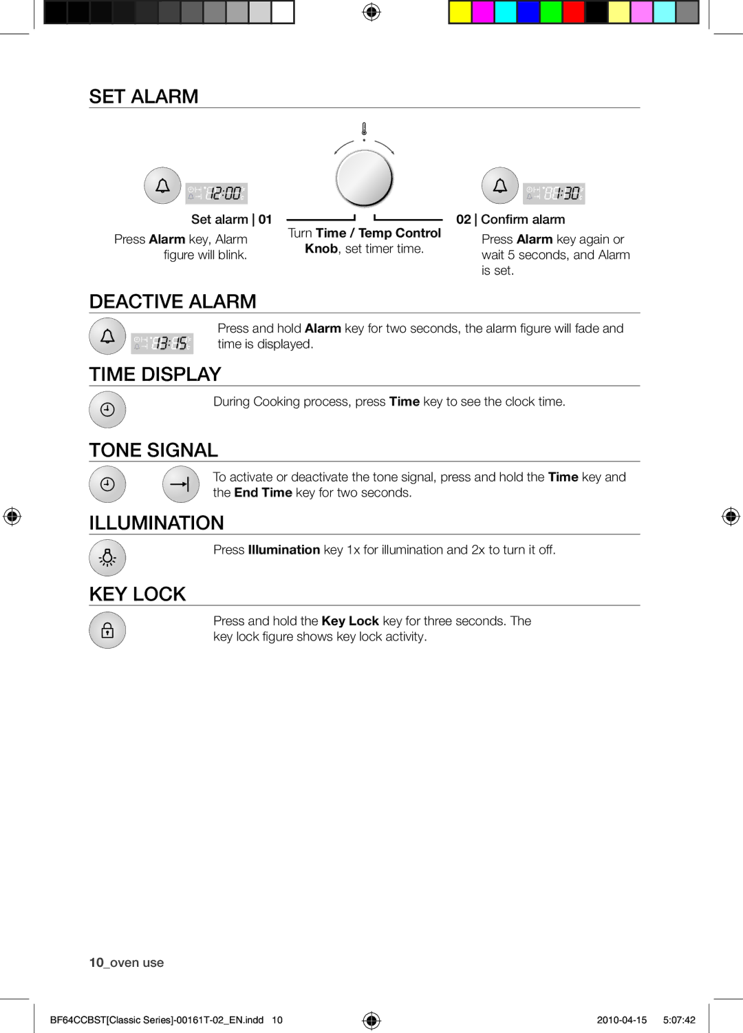 Samsung BF64CCBW/XEE manual Set alarm, Deactive alarm, Time display, Tone signal, Illumination, Key lock 