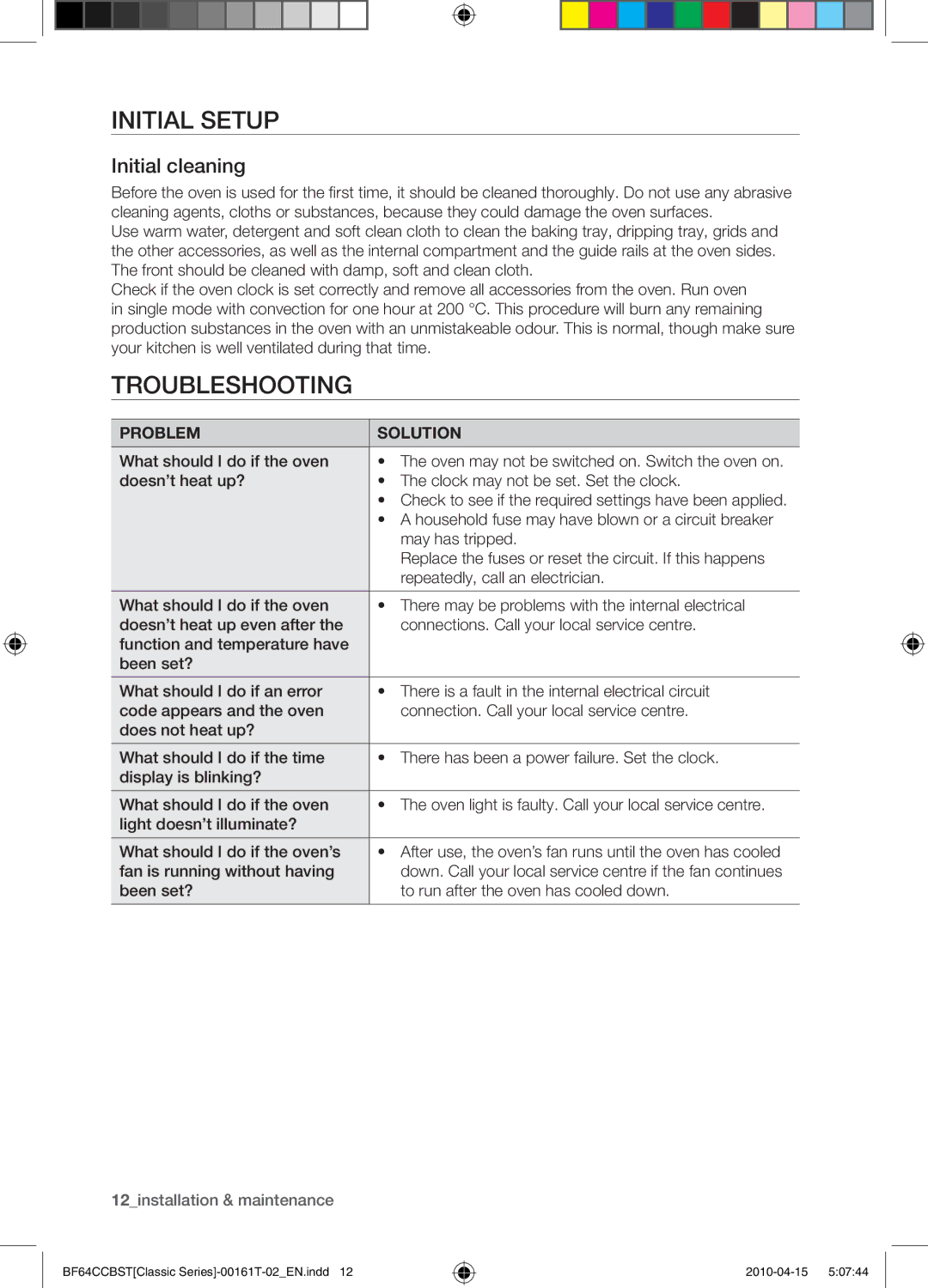 Samsung BF64CCBW/XEE manual Initial setup, Troubleshooting, Initial cleaning 