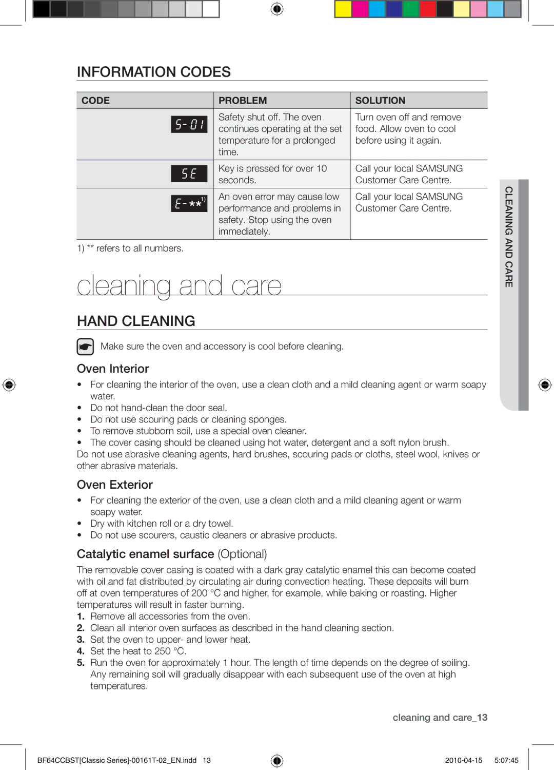 Samsung BF64CCBW/XEE manual Cleaning and care, Information codes, Hand Cleaning 