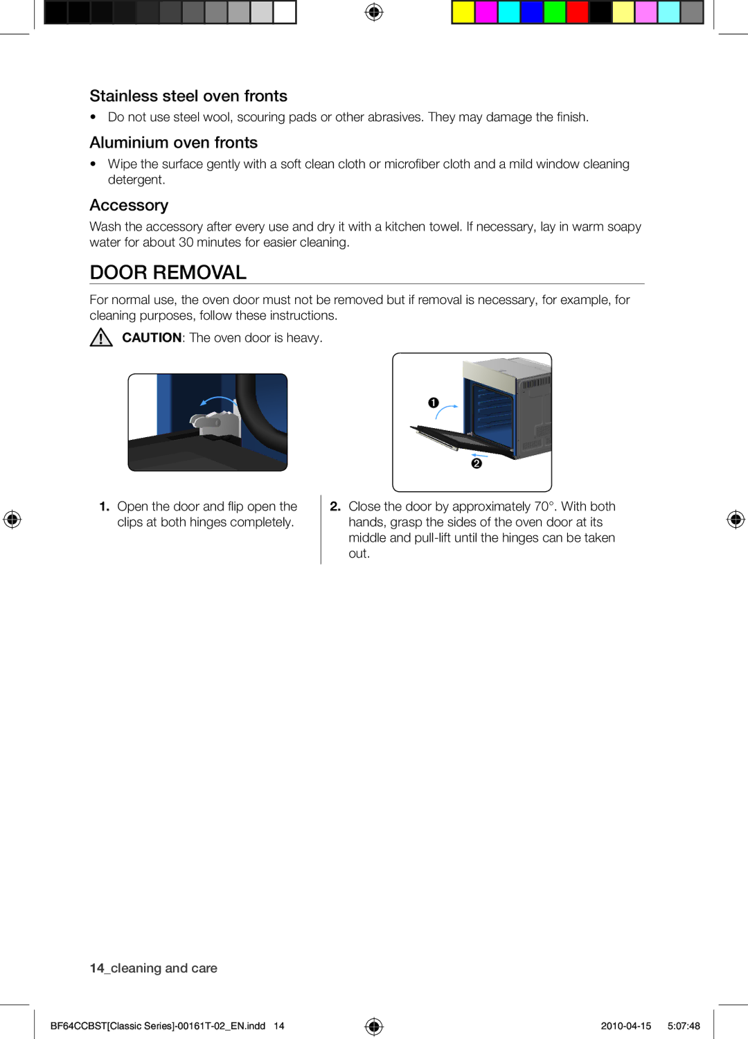 Samsung BF64CCBW/XEE manual Door Removal, Stainless steel oven fronts, Aluminium oven fronts, Accessory 