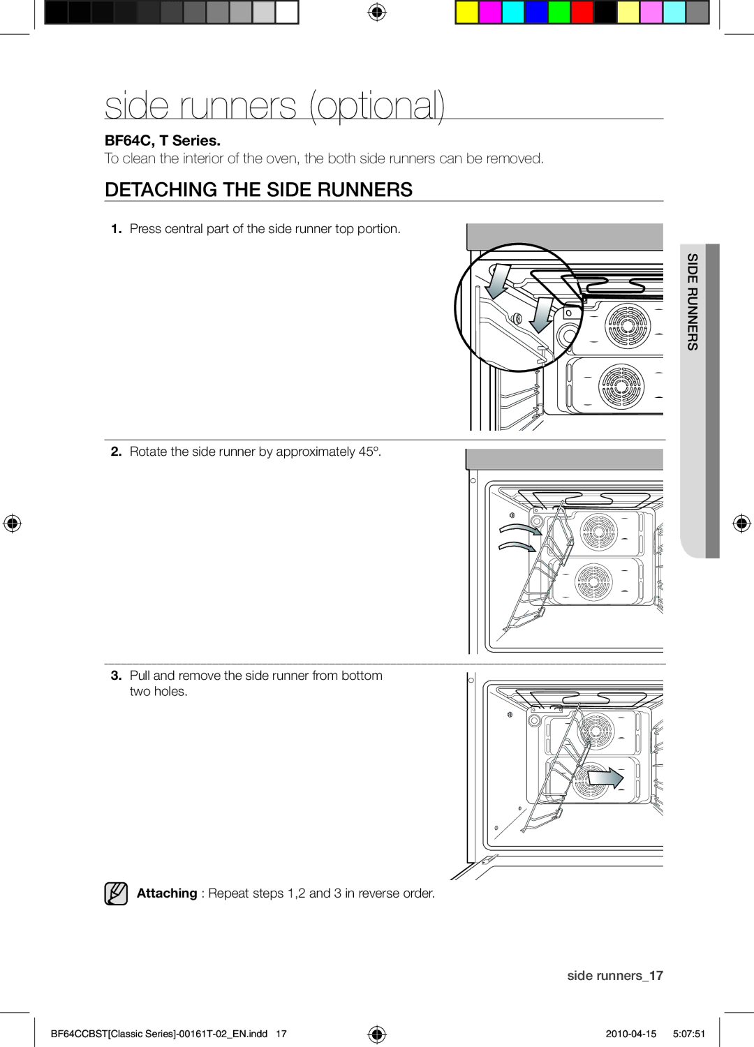 Samsung BF64CCBW/XEE manual Side runners optional, Detaching the side runners 