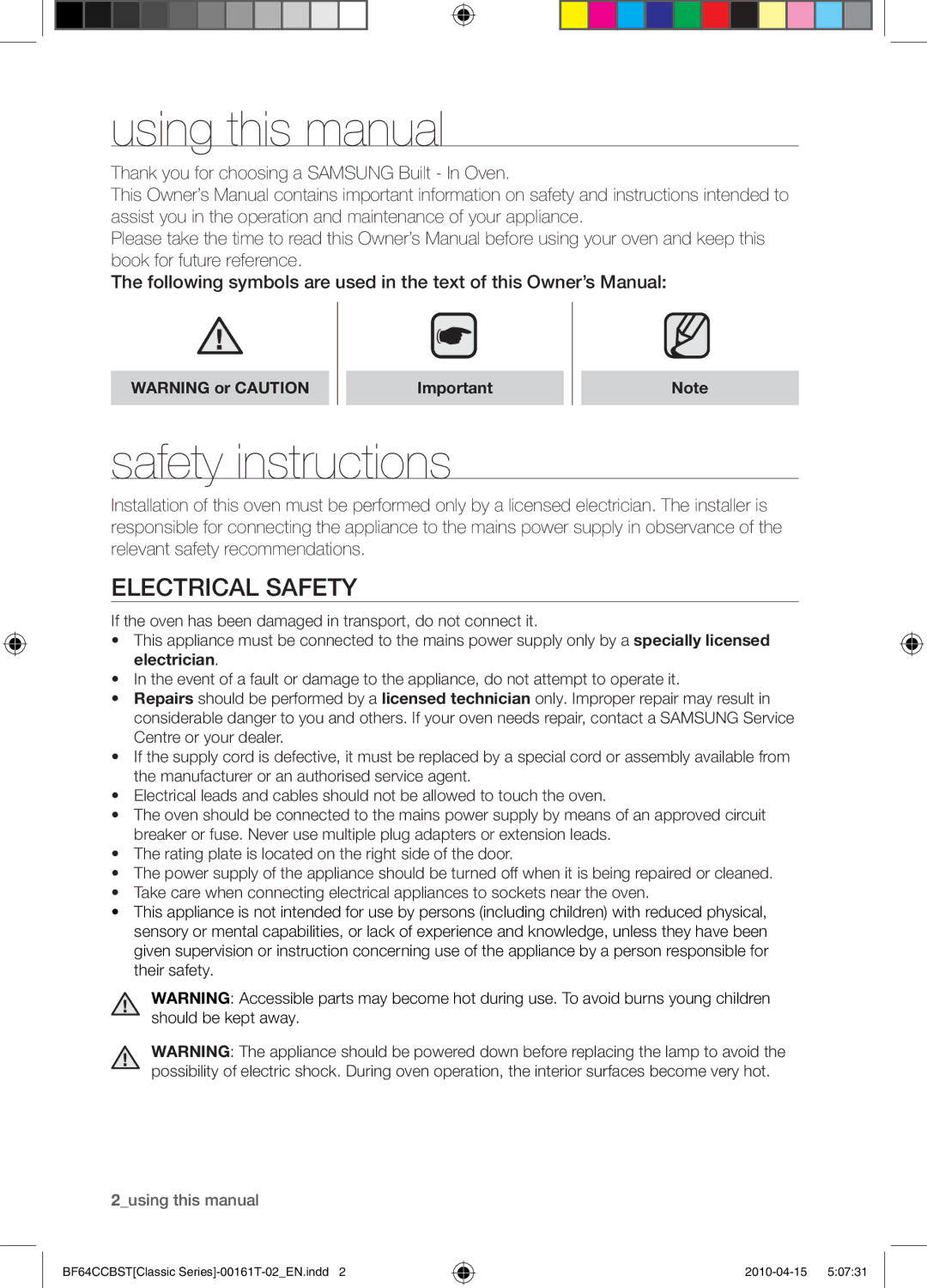 Samsung BF64CCBW/XEE Using this manual, Safety instructions, Electrical safety 