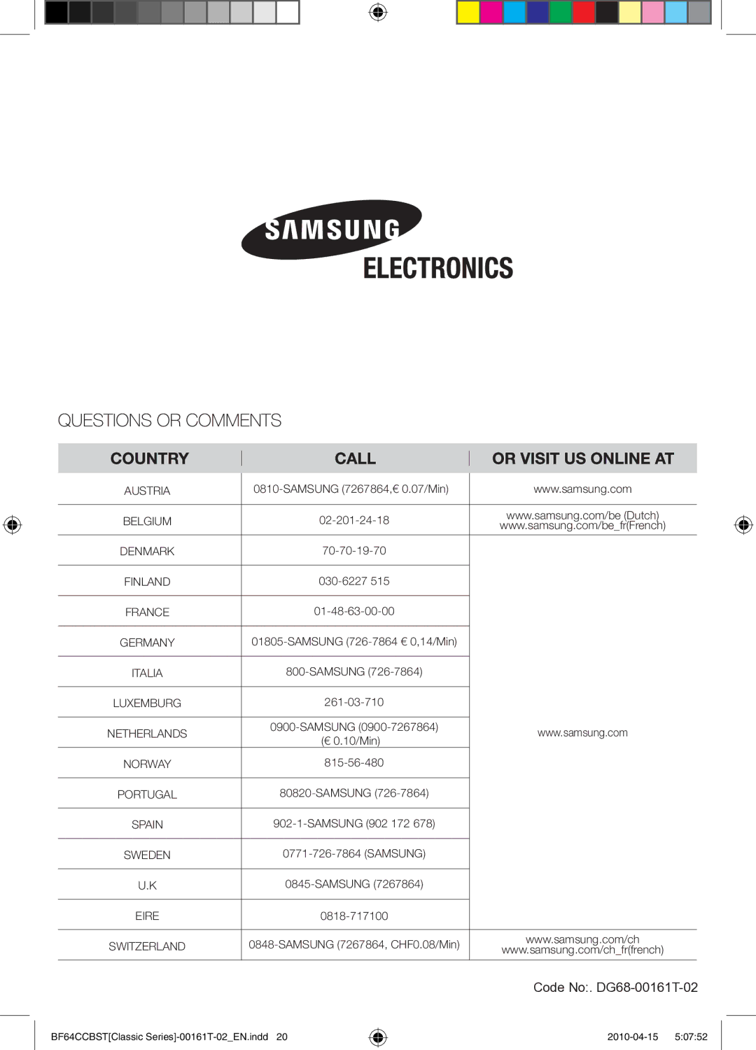 Samsung BF64CCBW/XEE manual Code No. DG68-00161T-02 