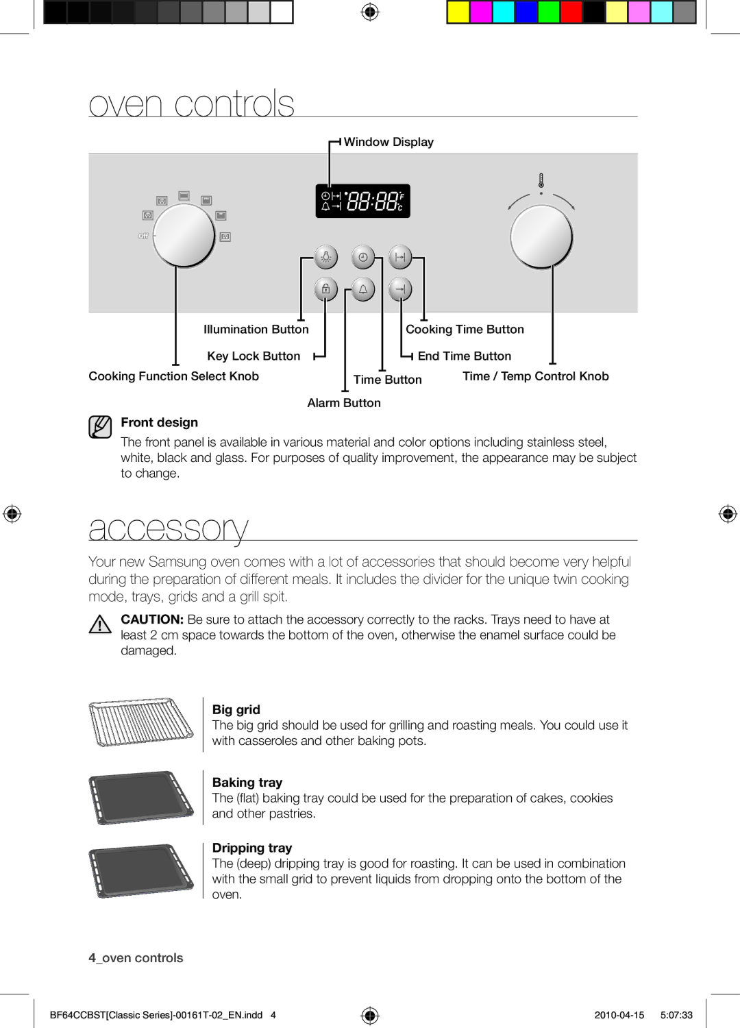 Samsung BF64CCBW/XEE manual Oven controls, Accessory 