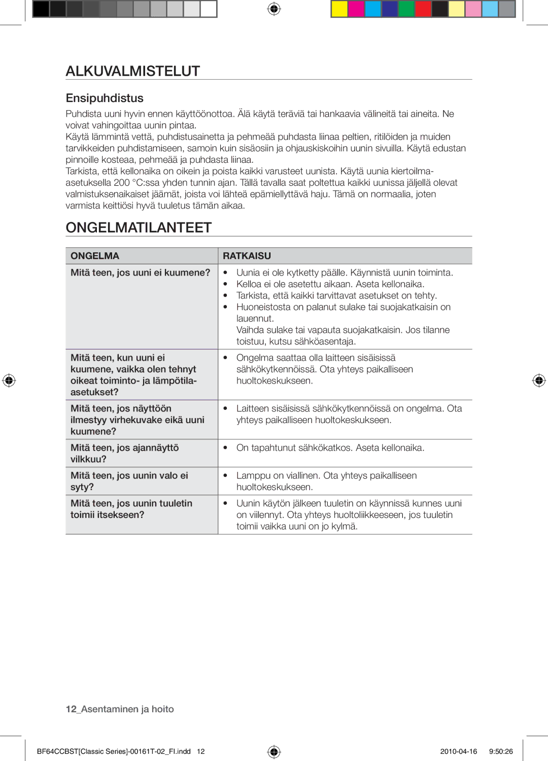 Samsung BF64CCBW/XEE manual Alkuvalmistelut, Ongelmatilanteet, Ensipuhdistus 